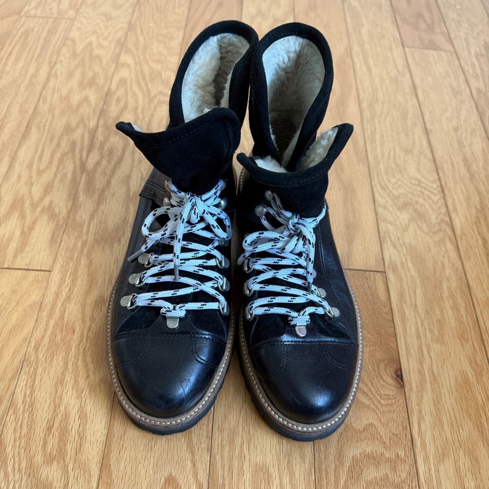 Ganni Leather Suede Goth Punk Rugged Hiking Shearling Combat Boots 39 Black